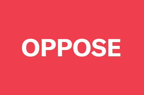 The word OPPOSE written in white letters on a red background