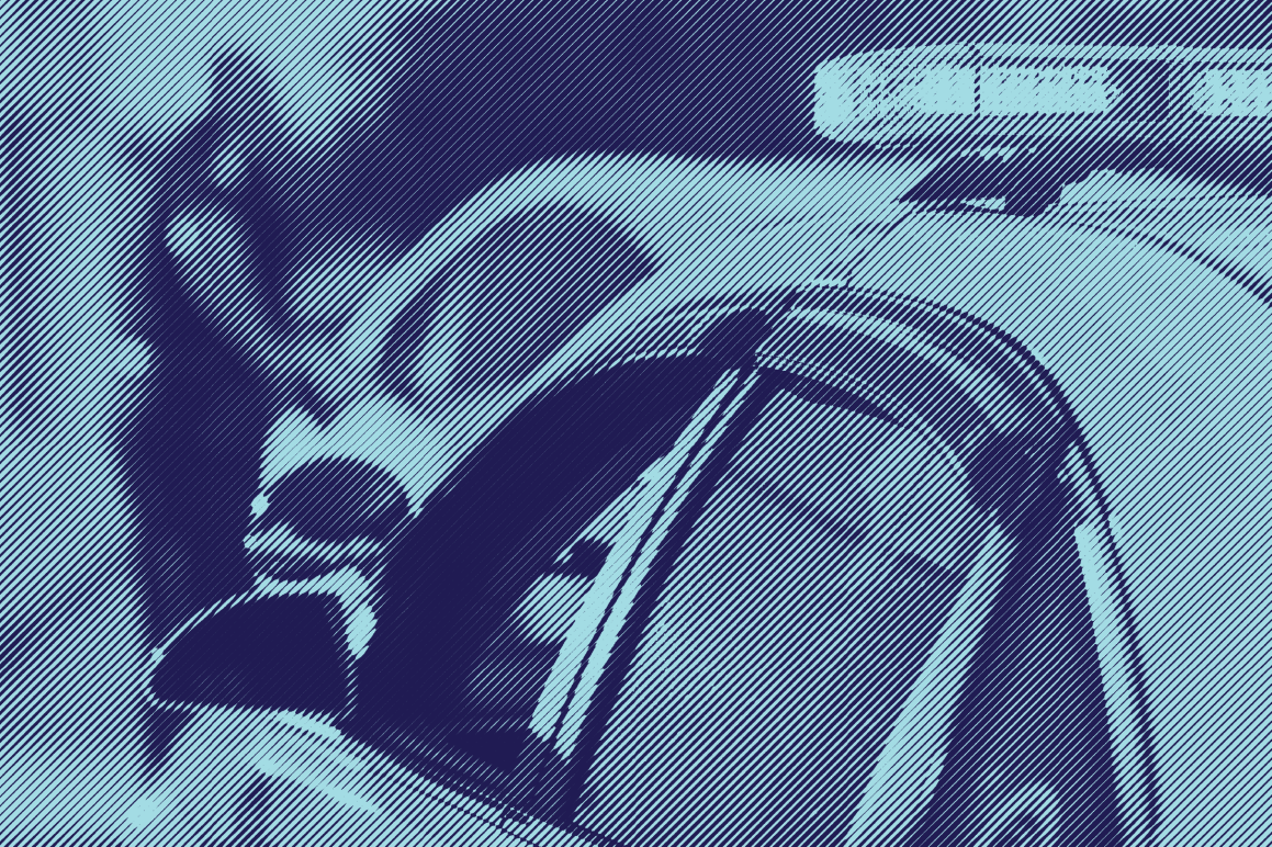 A stylized photograph of a police car in the foreground; the background is an out of focus police officer at the window of a stopped car