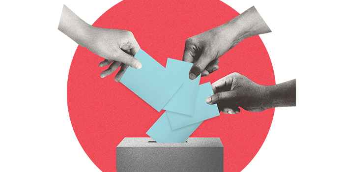 A graphic of different hands submitting ballots into a ballot box